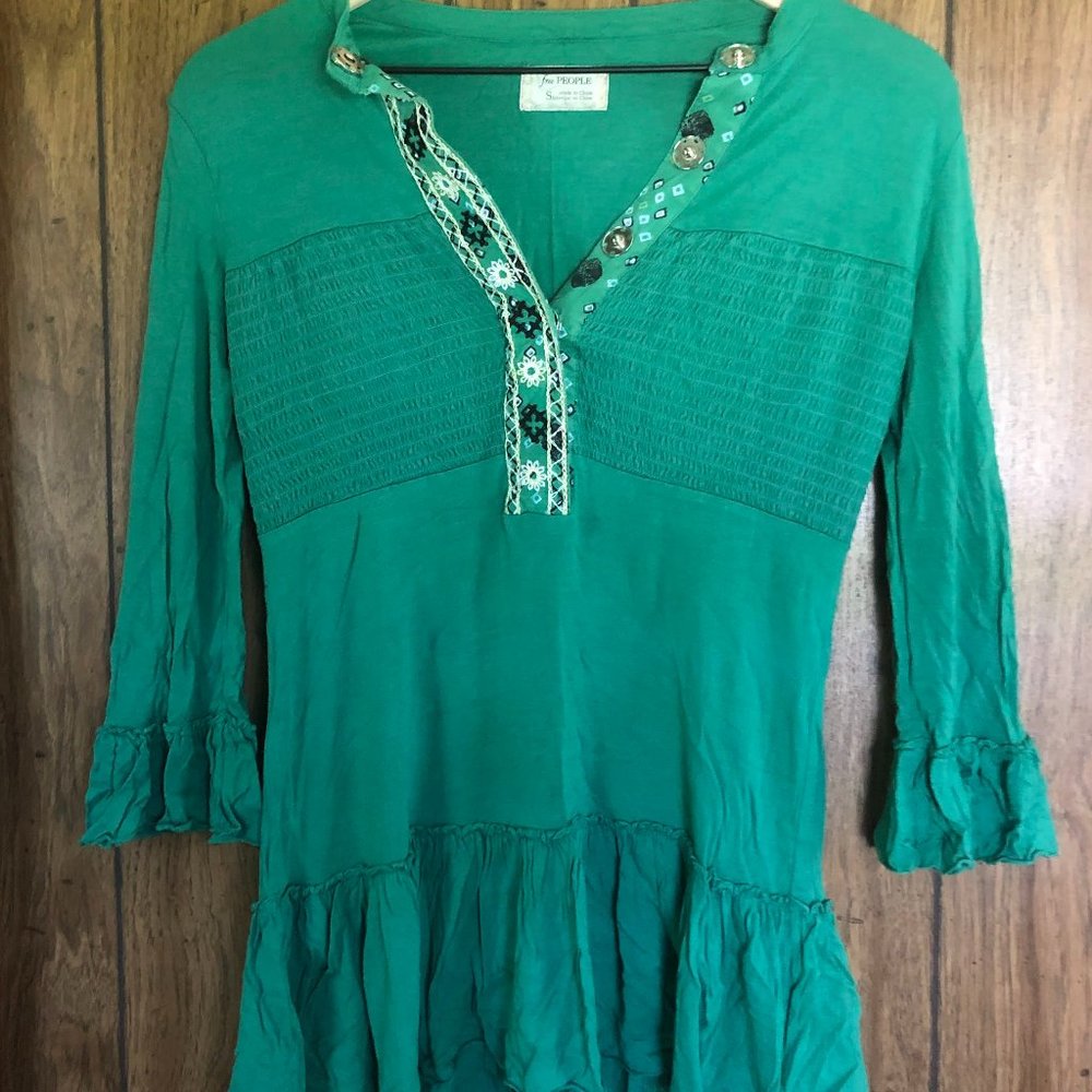 Free People Embroidered Morning Light Ruffle Tunic RARE GREEN - Picture 4 of 5
